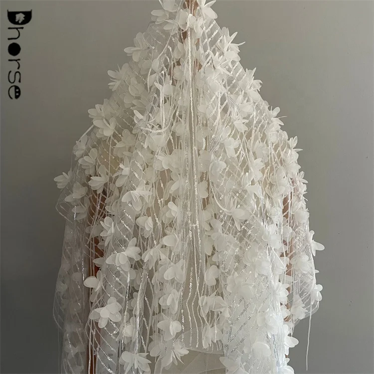 New shiny sequin tassel fringe embroidery fancy white 3d floral lace fabric for wedding gown