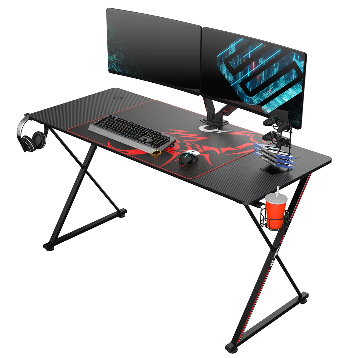ERK-X55-B 55 Inch K-Shaped Feet With Gaming Style Carbon Fiber Texture Desktop Office furniture Computer Desk Gaming Desk