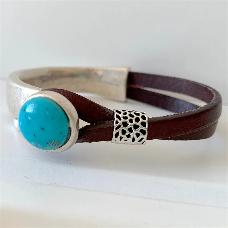 Men Women High End Metal Bar Turquoise Stone Real Leather Bracelets Heart Flower Beaded Handmade Genuine leather Bracelets Gifts