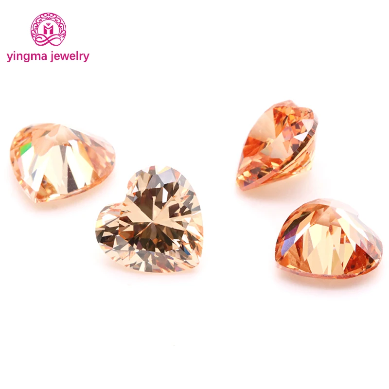 Yingma factory direct sale 3a 5a 3*3mm-12*12mm heart shape cz stone champagne color cubic zirconia  for DIY or factory