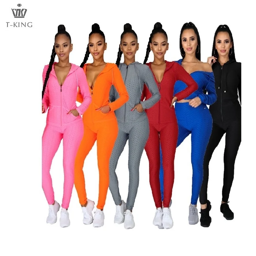 TKing/женская одежда OEM с логотипом на заказ, однотонные леггинсы на молнии с длинными рукавами и капюшоном, спортивный костюм, спортивный костюм, комплект из 2 предметов