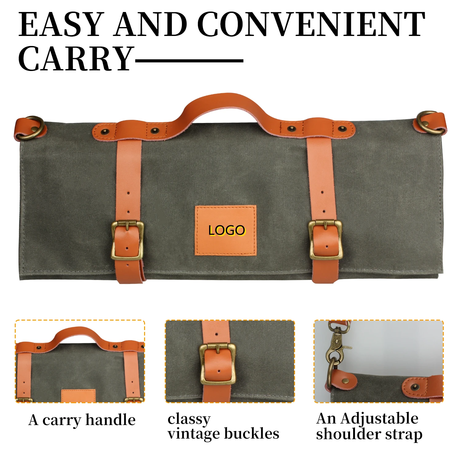 Factory Customize Knife Bag Chef Canvas Roll Bag Custom Leather Carrying Storage Case with 11 Pocket