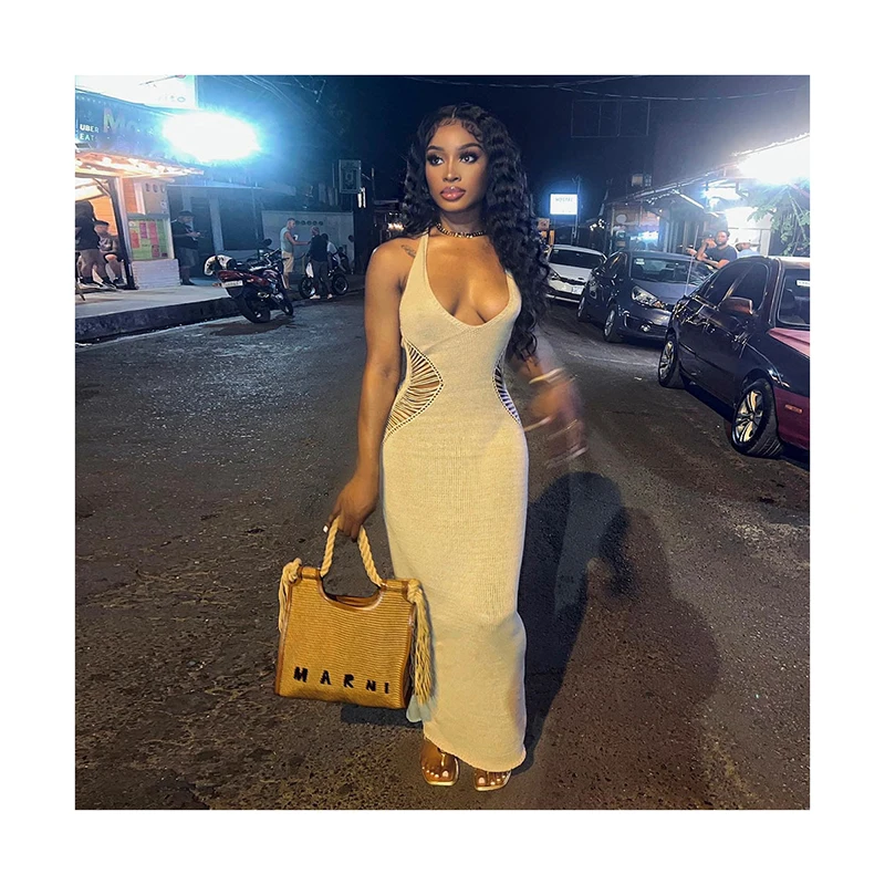 New dress gilet woman knit  Design Women Clothing Hollow Personality U-neck Lace Up Long Bodycon Shrugs Dress For Women Casual