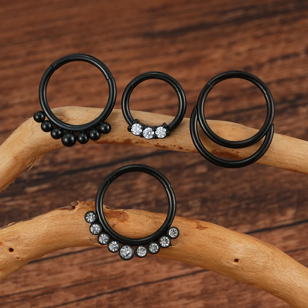 Black Hinged Segment Ring Septum Gemmed Clickers Nose Piercing Jewelry