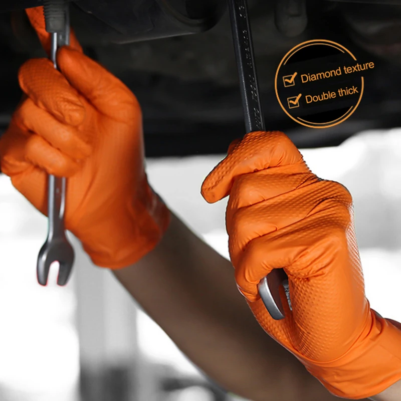 Orange Nitrile Glovees Diamond Grip Textured Strong Disposable Nitrile Glovees Industrial Work 6 mil Nitrile Glovees 100 pcs box
