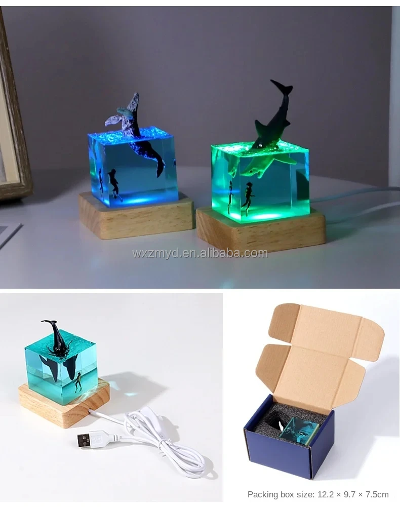 Epoxy Resin Wood Craft Lamp with LED Lights Diver Humpback Whale Table Night Light Lamp Special Gifts
