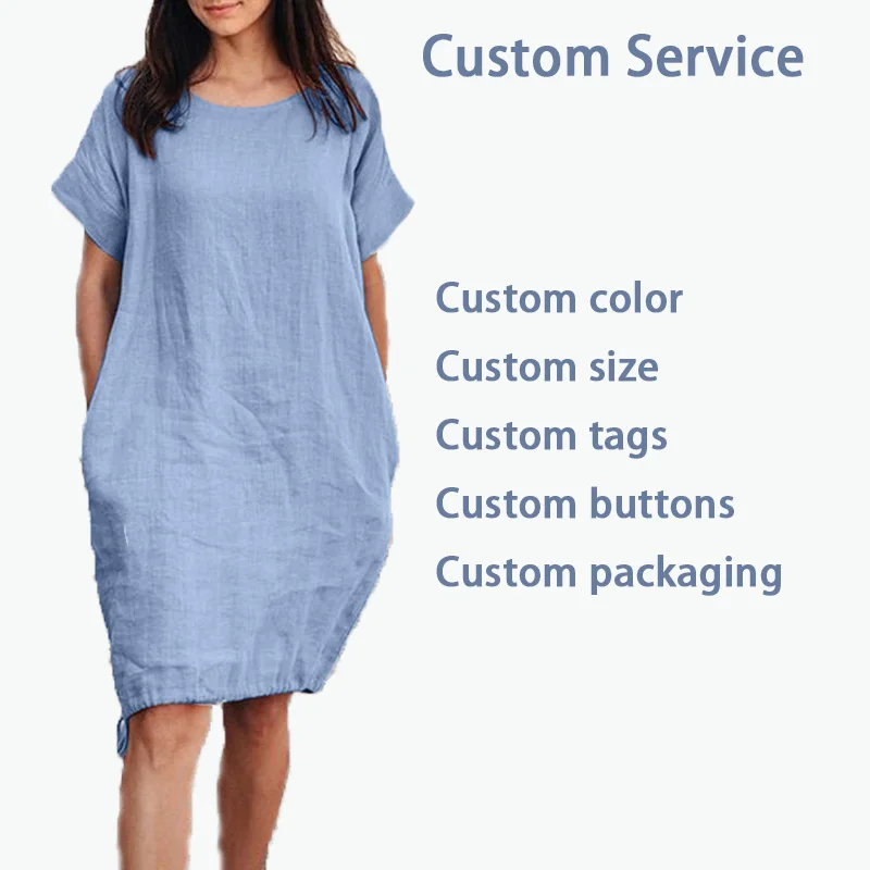 OEM Cotton Linen Knee Casual Loose Short Sleeve Robe  Summer Lady Vintage Dress Oversize Womens Solid Sundress