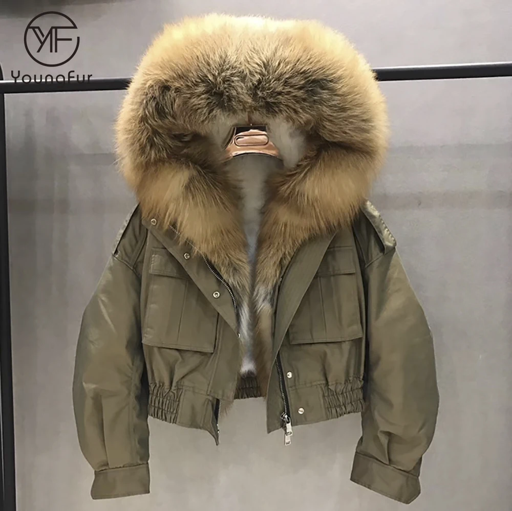 New Style Army Green Women Cropped Fur Parka Jacket with Red Fox Fur Trim Winter Ladies Fur Coat Parka