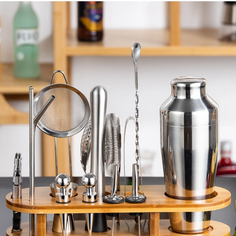 Professional Barware Tools Wooden Stand Stainless Steel Bartender Kit Bar Accessories Jigger Cocktail Shaker Set