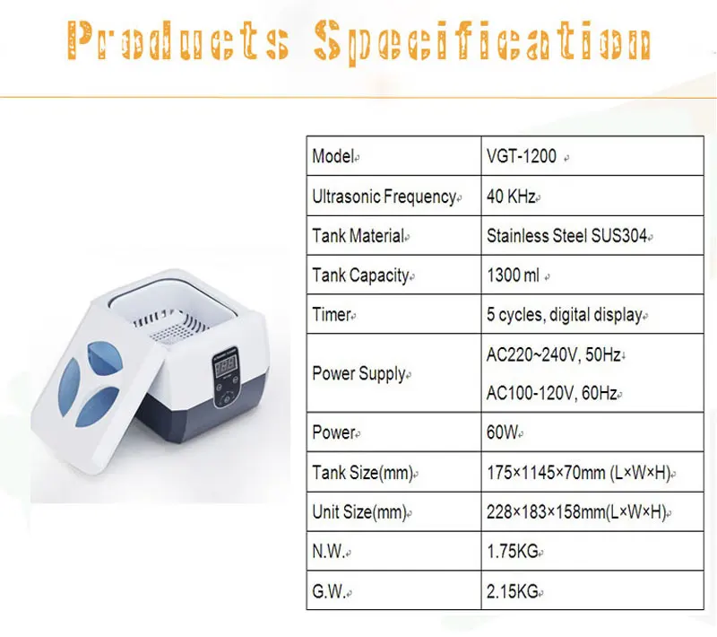 GT SONIC vgt -1200 1.3 60W home appliance portable digital ultrasonic cleaner ultrasonic jewelry cleaner