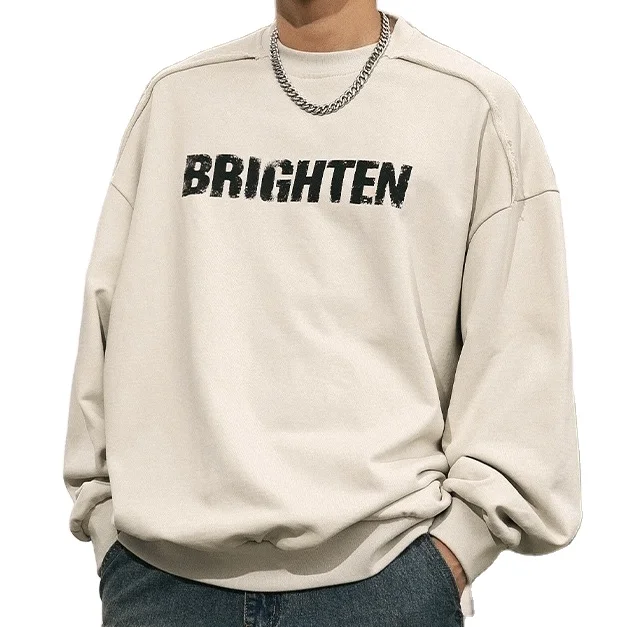 Оптовая продажа осенняя свободная винтажная мужская толстовка с необработанным краем и монограммой принтом в американском стиле