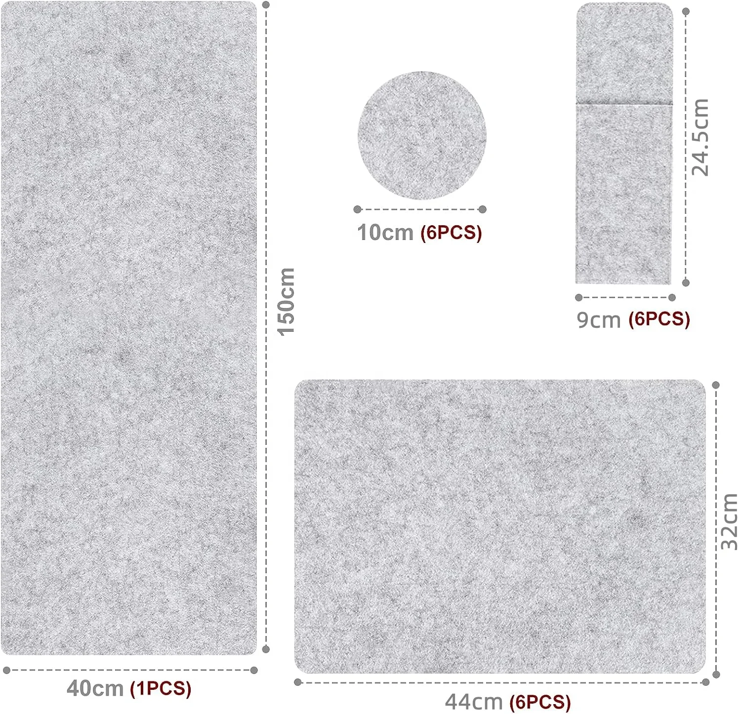 Light Grey Felt Table Runner and Placemat Set with Coasters and Cutlery Bags for Home Kitchen Restaurant Hotel Dining Table
