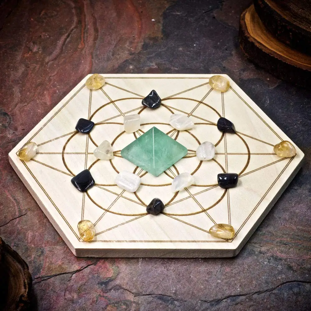 6 Inch Sacred Geometry Grid Board Stress Relief Mini Crystal Grid Set With Amethyst Laser Cut Wood Crystal Grid Mat