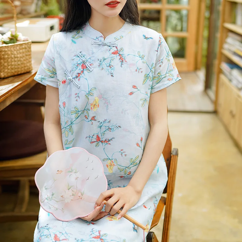 Custom Chinese Linen Dress cheongsam Robes Soft Cotton Linen Print Floral Frog Button Vintage Women Casual Midi Dress