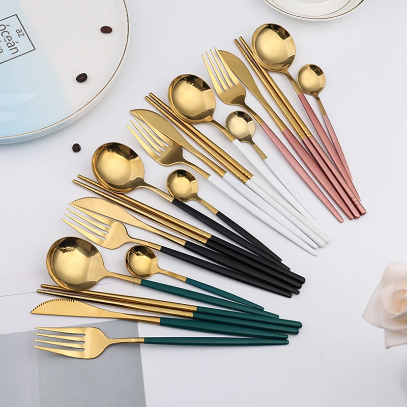 Jieyang new wedding beauty cheap wholesale stainless steel 4pcs flatware gold cutlery set