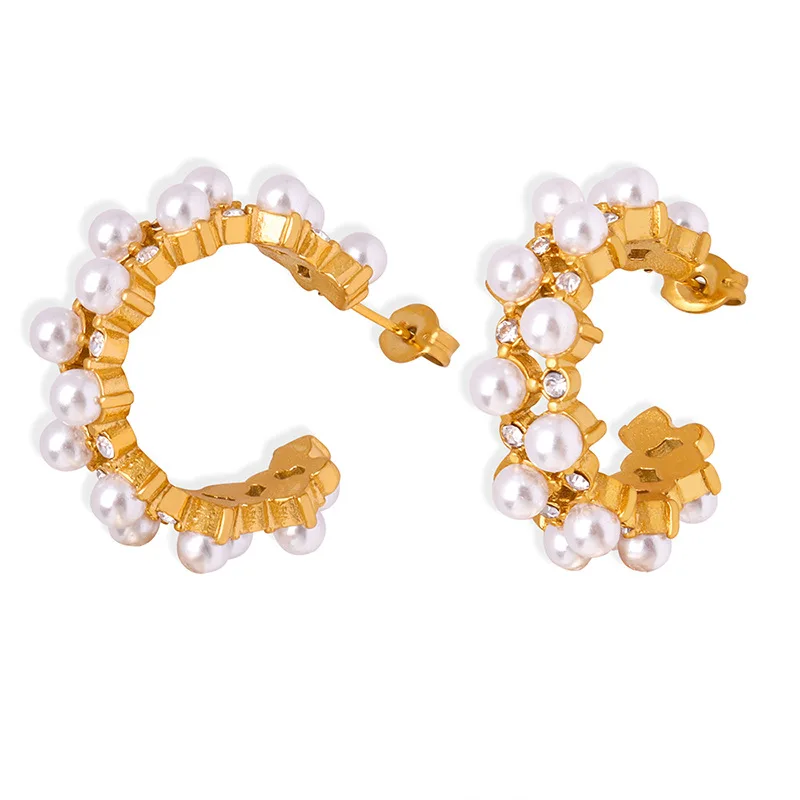 New Chinese Style Personalized Starry Sky Shell Pearls Rhinestone Earrings Titanium Steel C Shaped Tassel Hoop Earrings