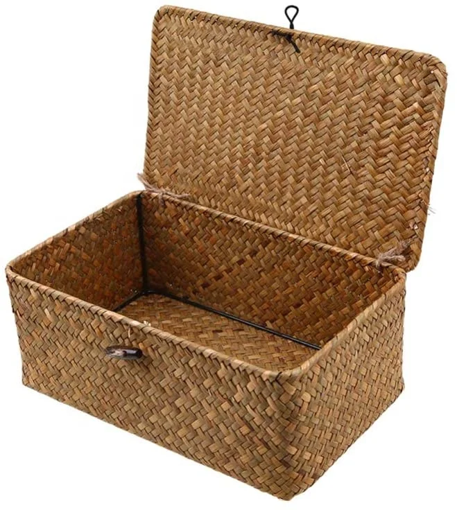 Wholesale Vietnam Rectangle Laundry Storage Baskets Handwoven Straw Fruit Belly Natural Seagrass Woven Basket Set of 3 with Lid