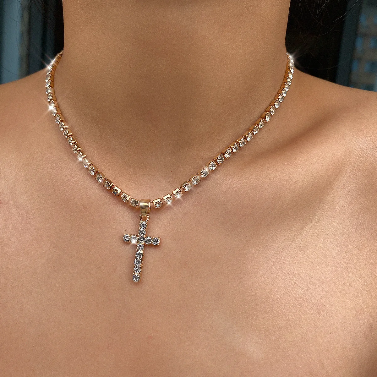 
Dvacaman 2020 Fashion Statement Dainty Tennis Chain Trendy Pave CZ Iced Out Cross Pendant Necklace for Women Jewelry 