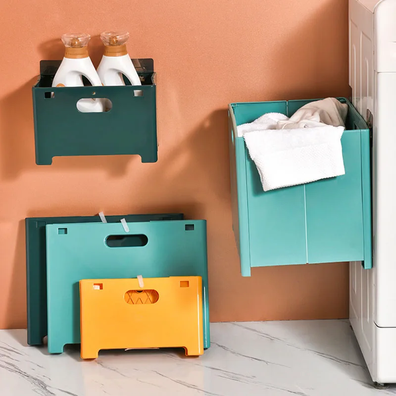Plastic Bathroom Large Capacity Laundry Basket Fold-able Multi-Functional Storage Basket Wall-Mounted Washing Basket With Handle