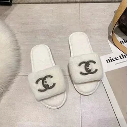 2022 Autumn Winter New Fashion Custom Plus Velvet Home Slippers Bright Diamond Flat Bottom Warm Cotton Thermal Fur Slippers