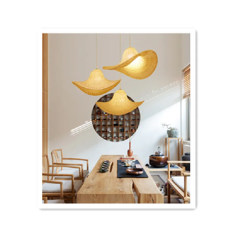 
Vegetarian restaurant straw hat chandelier Korean cuisine modern Chinese bamboo woven lamps corridor walk garden 