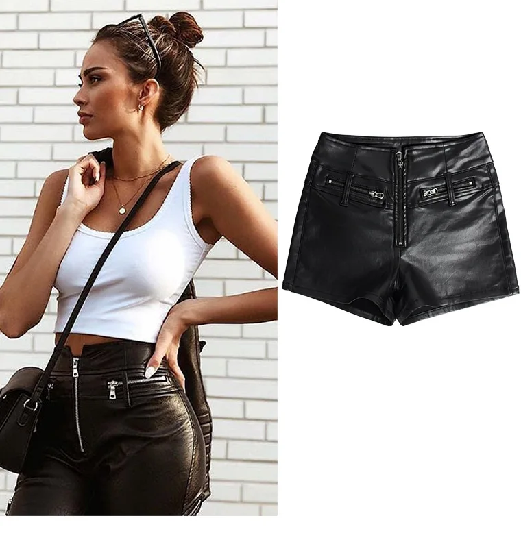 2021 Summer Women Casual Pu Leather Pants Black Shorts High Waist Zipper Booty Shorts