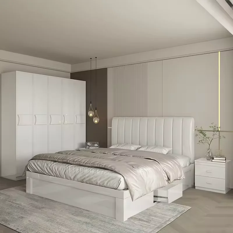 High quality Yifan 1.8 M large bed set furniture with wardrobe dresser bedside table modern cream style MDF bedroom set