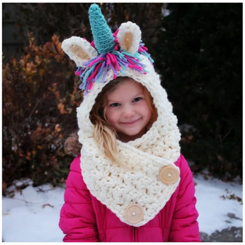 Girls Warm Handmade Children Knitted Beanie Crochet Cartoon Hooded Scarves Unicorn Winter Hat Neckerchief