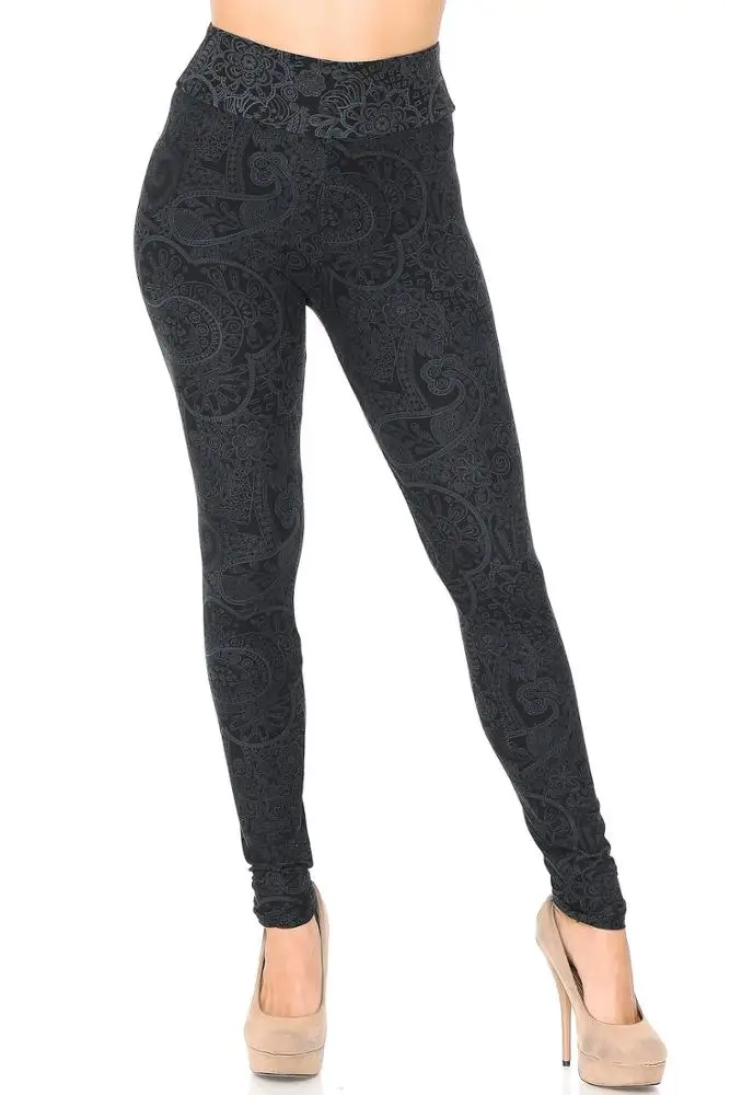 Wholesale High Waist Black Color Paisley Floral Prints Buttery Soft 92 Polyester 8 Spandex Fashion Leggings for Women