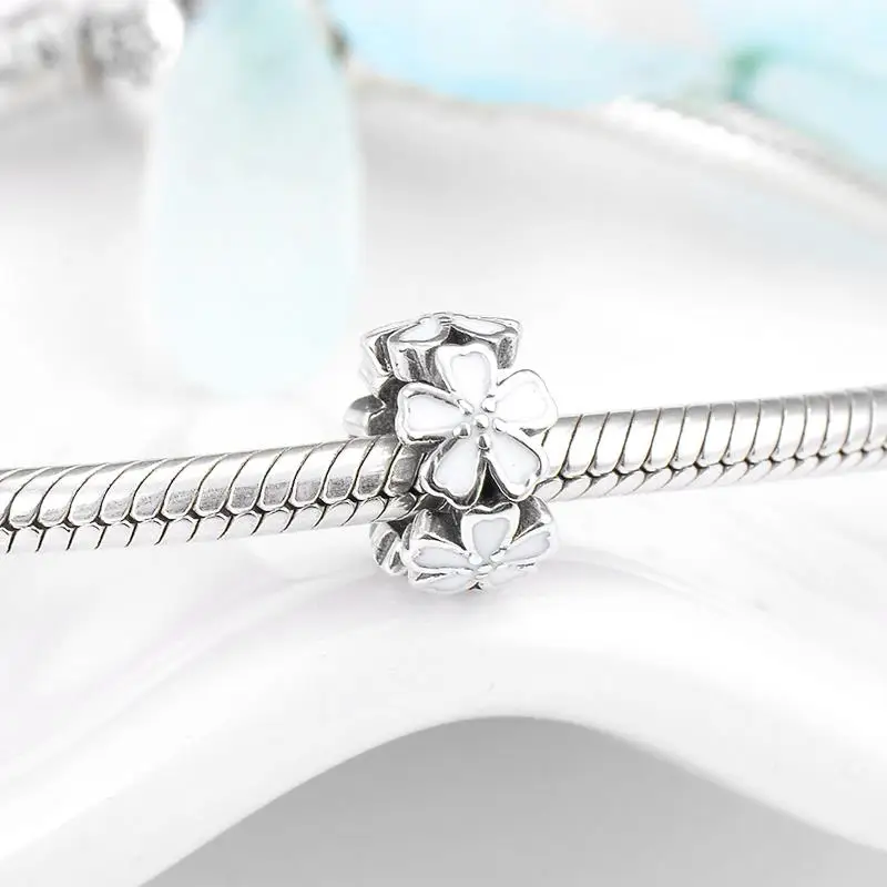 Real 925 Sterling Sliver Spring flower Six petals White Enamel Spacer Beads for Charm Jewelry making Woman Accessories Wholesale