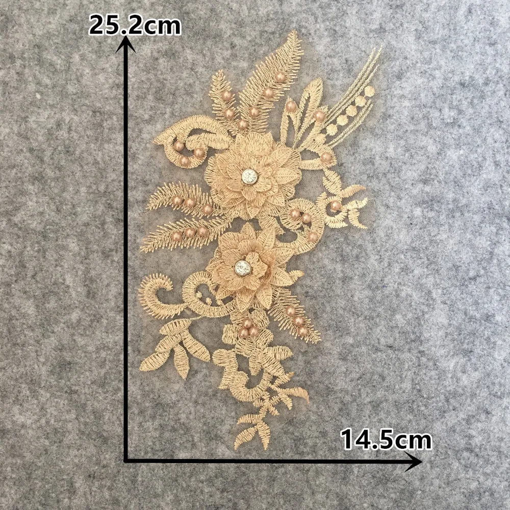 3D Gold Flower ABS Pearl Beaded Embroidery Patch Mesh Fabric Sew Wedding Dress Applique