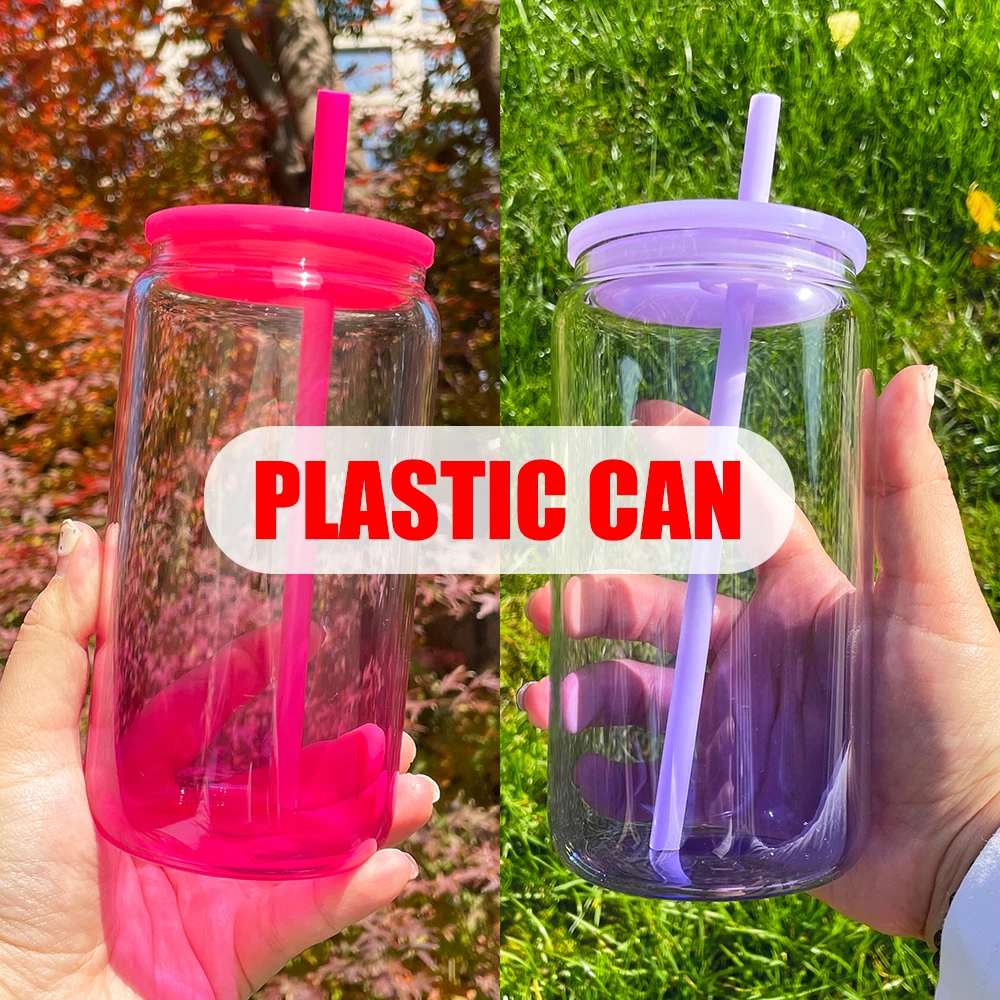 USA Warehouse Kids Gradient Colored Acrylic Beer Cups Can Ombre Jelly 16oz Plastic Can Water Bottle With Colorful Pp Lids