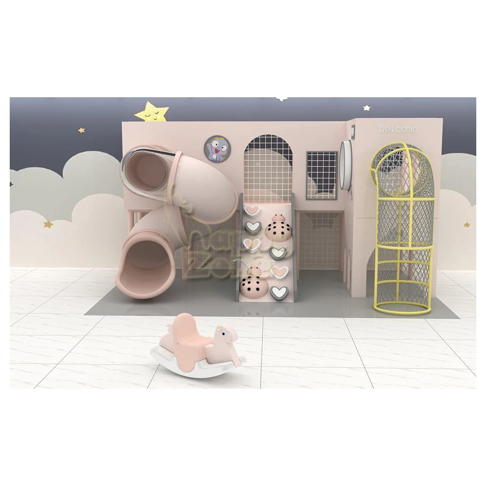 Customized pink small indoor playground with tube slide and soft climbing ladder for children soft play center