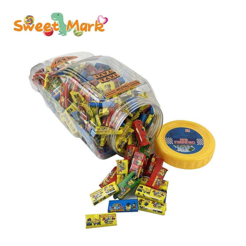 Cute car jar bubble gum with funny cartoon stickers mix fruit press gum
