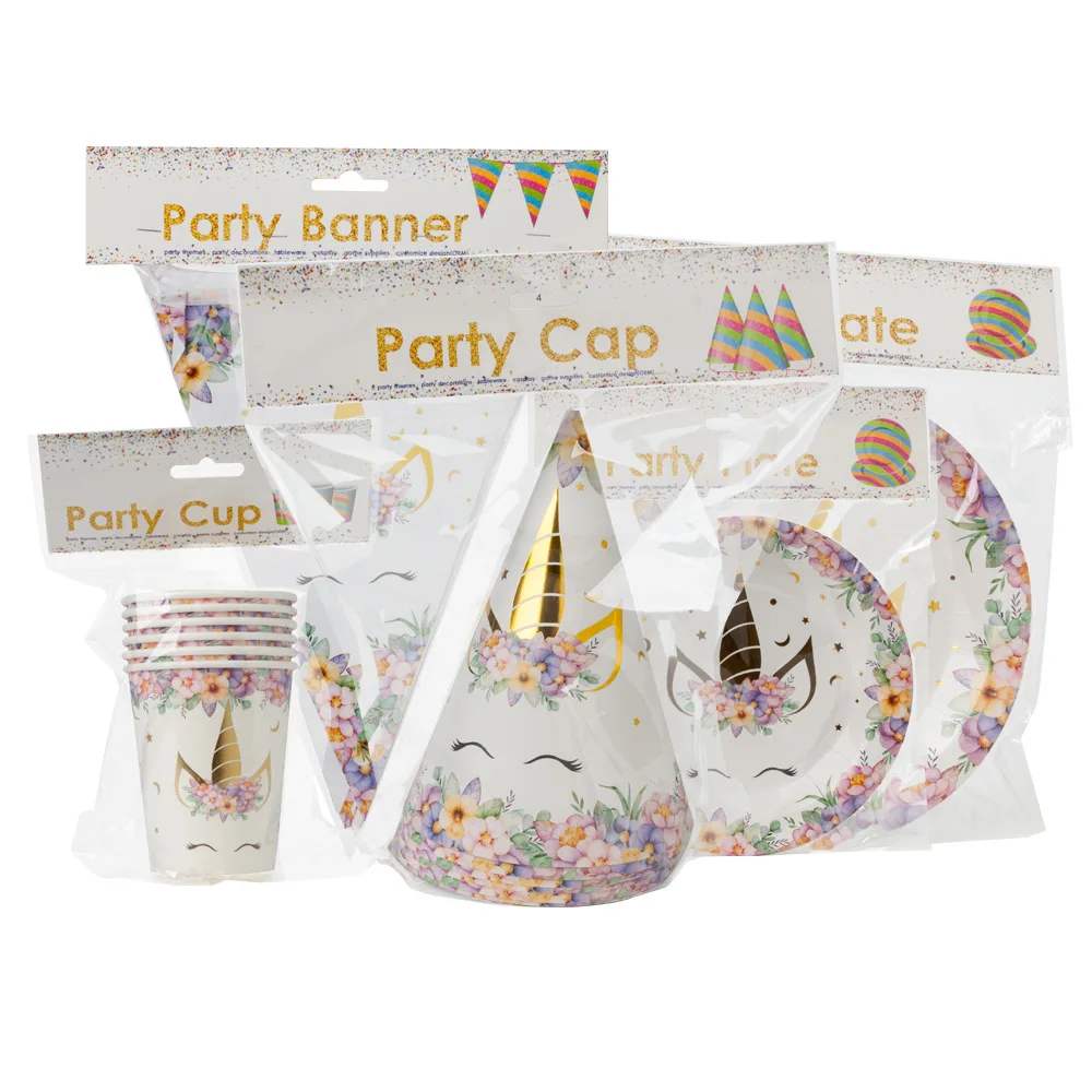 Kids birthday Party Unicorn party supplies golden pennant birthday banner hat disposable tableware paper plate cup set