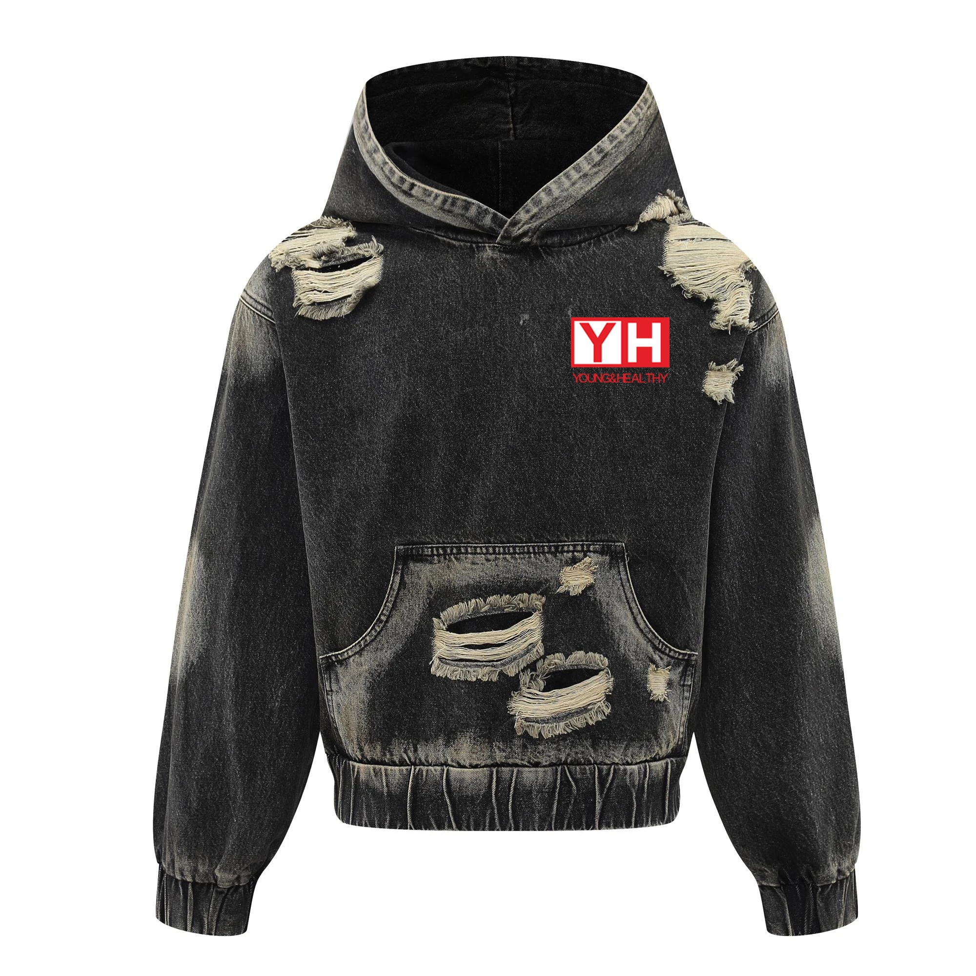 Custom Streetwear Hoodies For Men Distressed Sun Faded Drop Shoulder Vintage Washed Denim Tears Hoodie