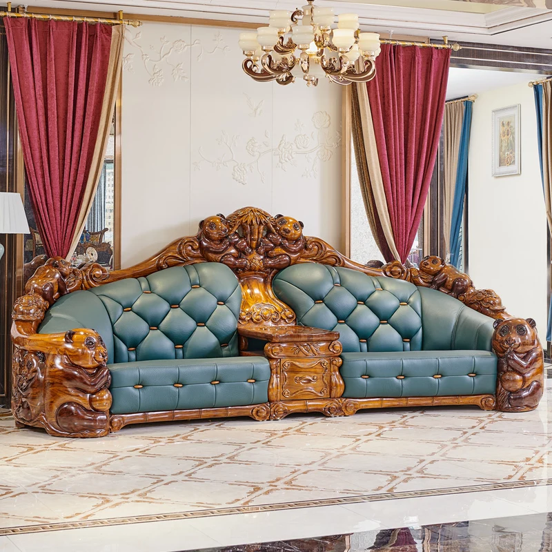 European Antique Living Room Sofas Luxury Solid Wood Leather Sofa Set