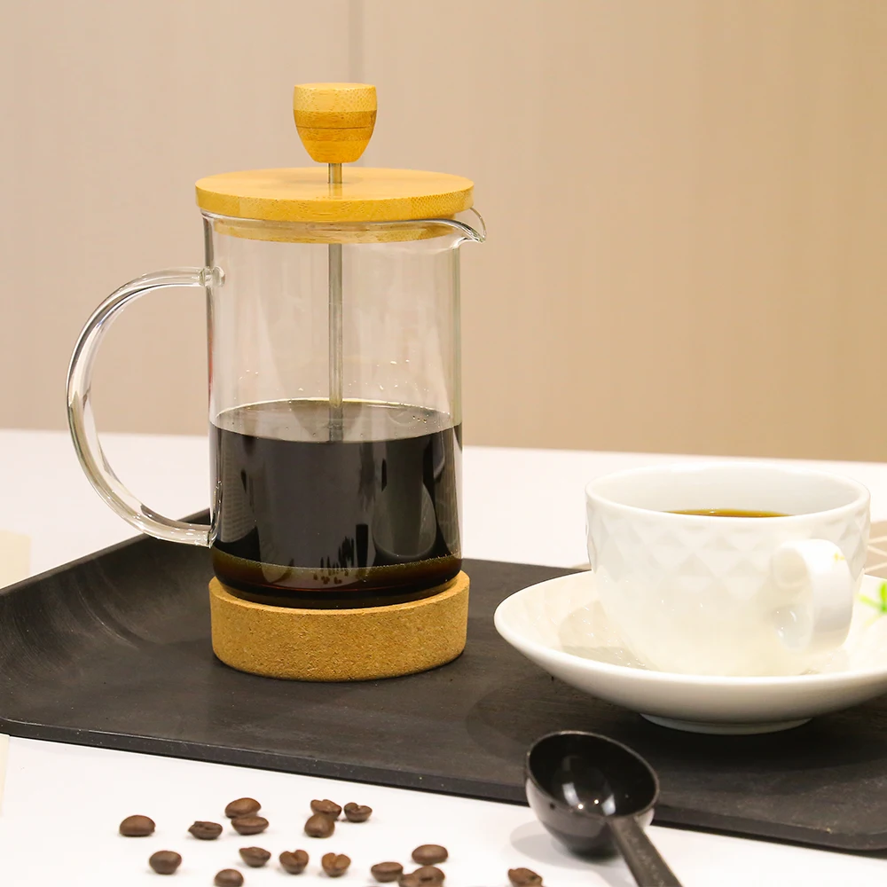 Hot Sale Bamboo French Press Stainless Steel and Glass Coffee Plunger Bamboo Coffee Press 350 ML with Non Slip Cork Base