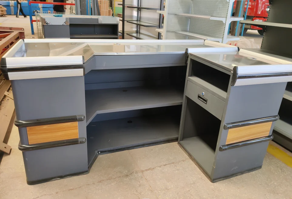 Multi Functional Corner Cashier  Desk  Counter Table Stainless Surface  Powder Coating Cash Register check out counter grocery