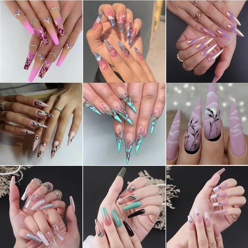 24pcs Long Fake Nails Art Tips False Flower heart Design for Extension fake Nails Stickers Reusable Set press on nails wholesale