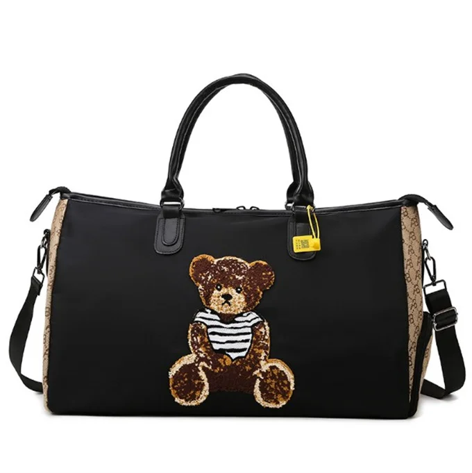 Waterproof Sport Yoga Dry Wet Weekender Large Capacity Folding Tote Duffel Bag for Girls with 3d Plush Cute Brown Bear Patch