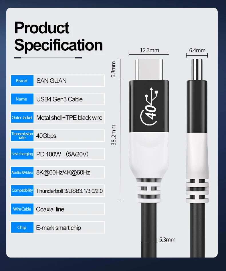 New ODM USB 4 Cable 10FT For Thunderbolt 4 40gbps USB C Cable Coaxial Audio & Video Cables 8K For Chromebook Dell Monitor
