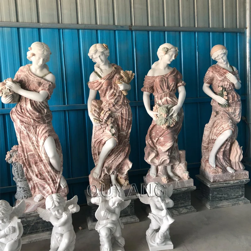 QUYANG садовое украшение, ручная резная многоцветная Статуя Греческой Богини из натурального мрамора, скульптура в натуральную величину, четыре сезона