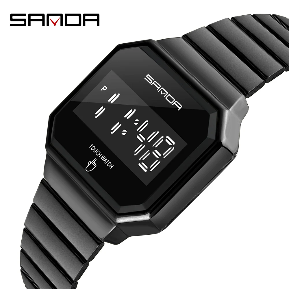 Sanda 8001 Роскошные светодиодные наручные часы с сенсорным экраном для мужчин светящиеся водонепроницаемые стальные