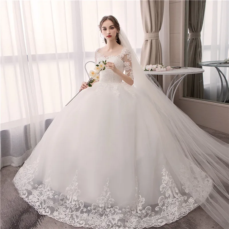 Wedding dress 2022 New Wedding Bride white lace flat wedding dress waist slimming elegant factory direct sales