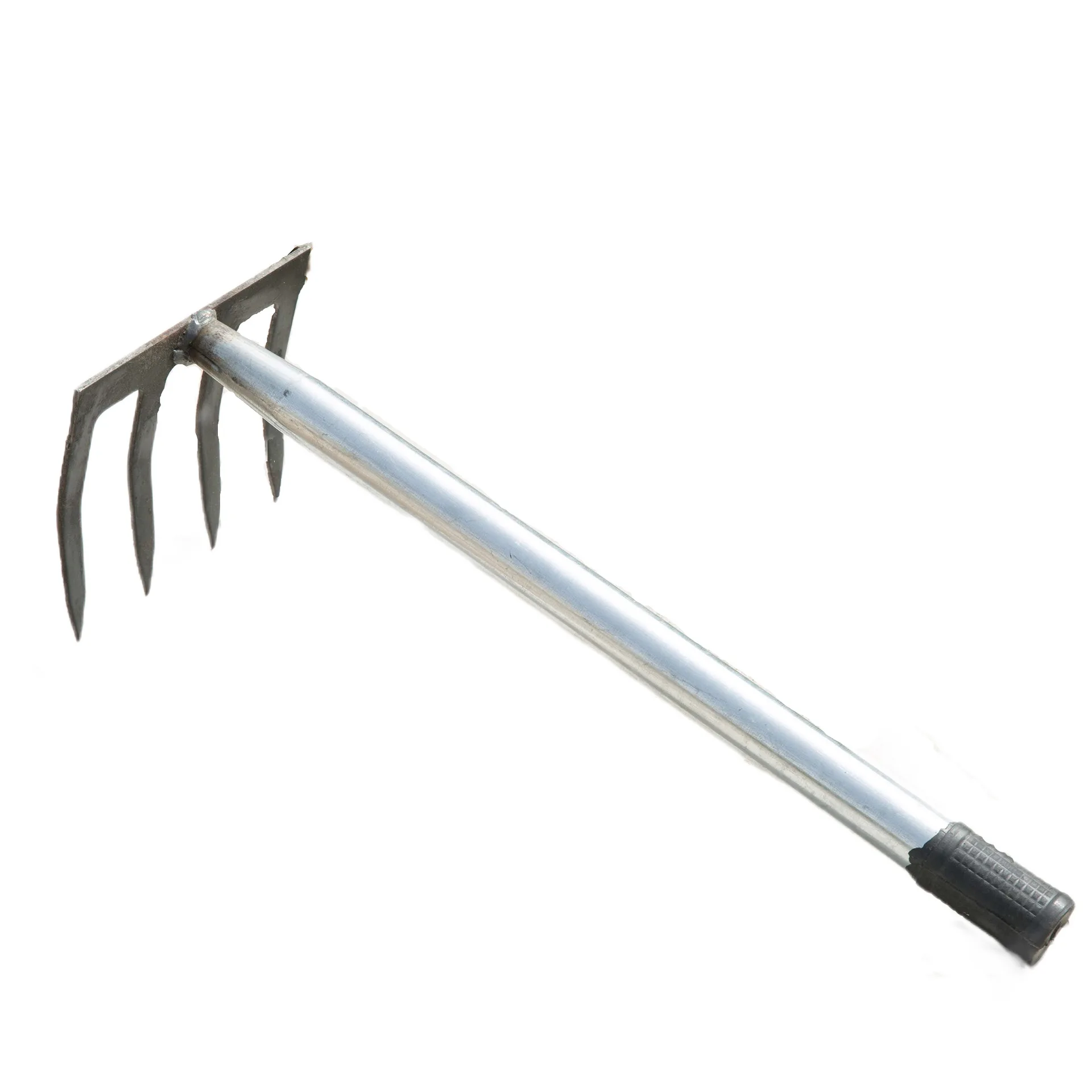 Multi toothed industrial grade agricultural hand rake, a long wooden handle used for lawn excavation and leaf shedding