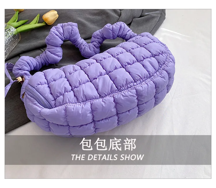 High Quality Korean style soft Winter Padded Polyester Quilted puffy Fabric Women Handbag Softness Pleated Underarm Bag