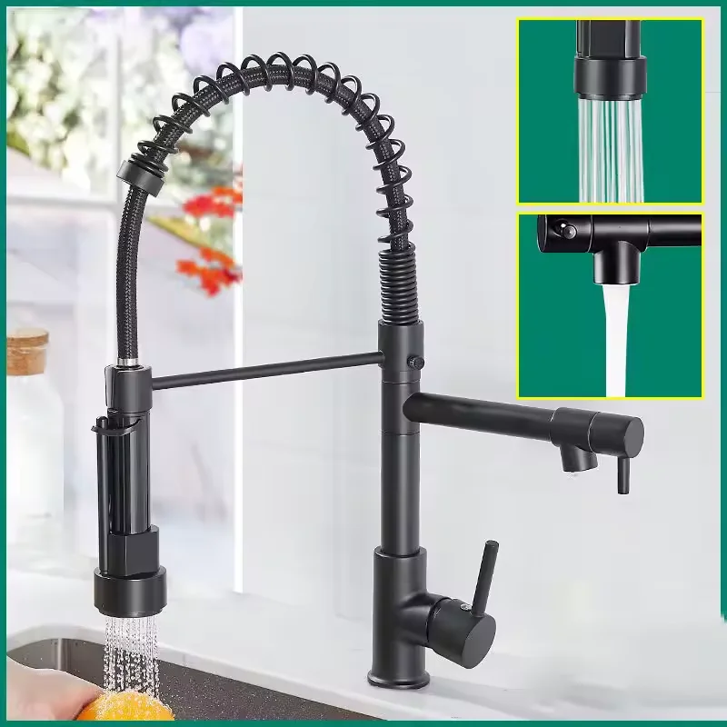 Classic Single Handle Stainless Steel Kitchen Faucet with Ceramic Valve Core Spring-Pull Blackened Mixer Cover Plate Included