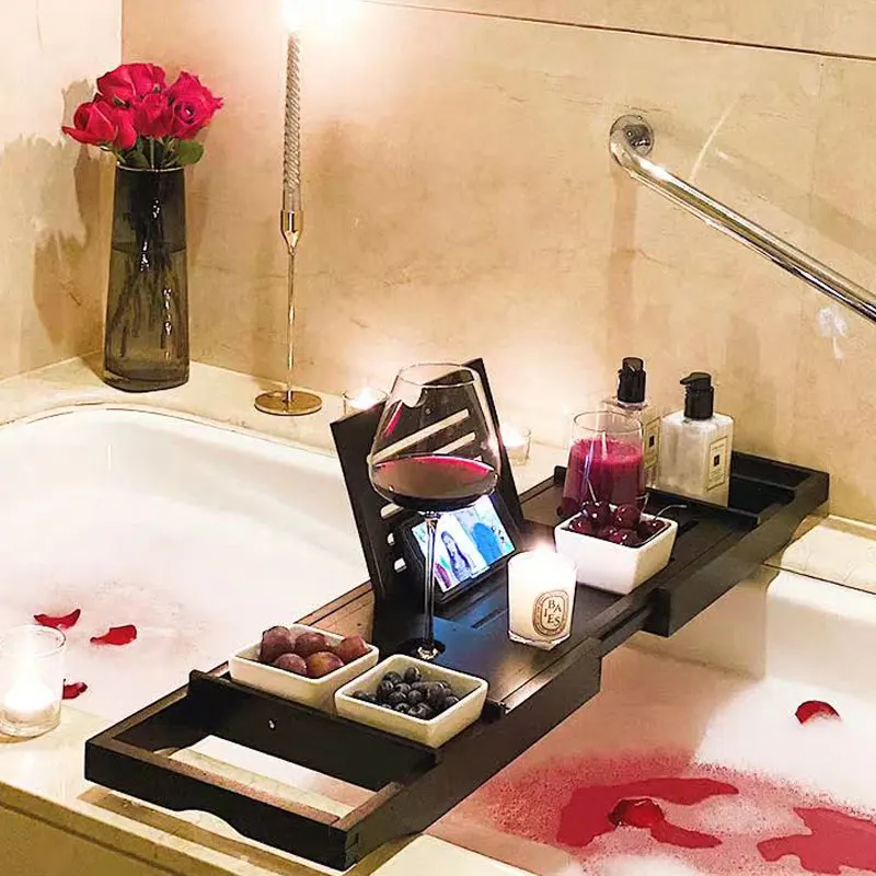 Morden Luxury Wooden Bathroom Rack Bamboo Bathtub Caddy Tub Tray With Extend