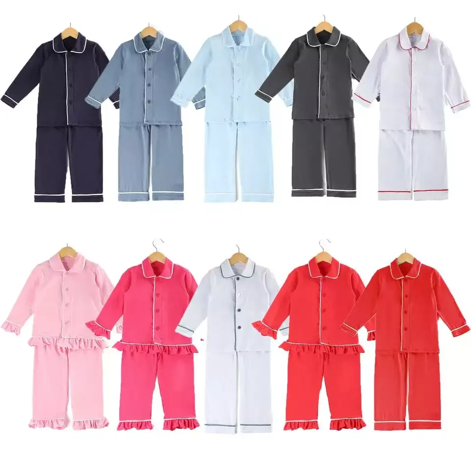 RTS no moq blank cotton baby boy pyjamas long sleeve kids boys custom embroidery pajamas sets little boy xmas pajama two piece